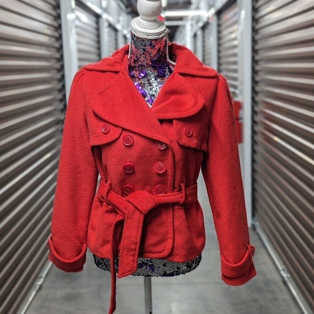 Retro‎ Y2K Small Red Double Breasted Pea Coat with Belt Preppy Nordic Girlycore